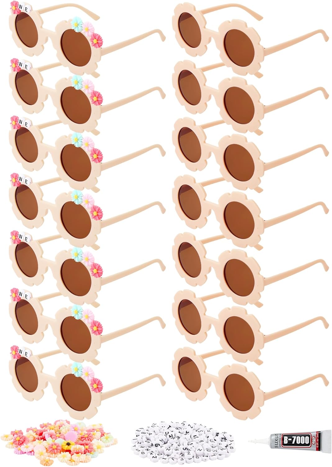 Dunzy 14 Pcs DIY Round Flower Sunglasses with 200 Random Letter Beads 50 Daisy Charms Glue for DIY Name, Mardi Gras Party(Fresh Color)