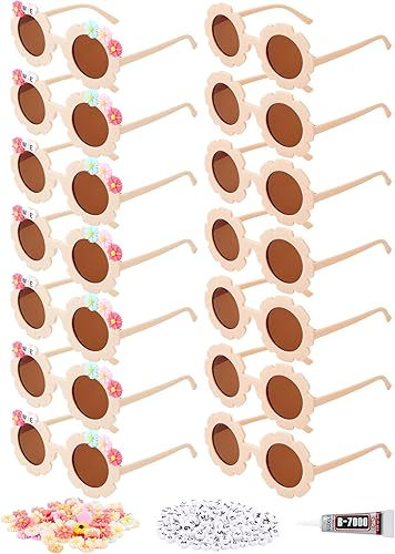 14 lentes de sol redondos de flores con 200 cuentas de letras al azar, 50 dijes de margaritas con pegamento para nombre de bricolaje