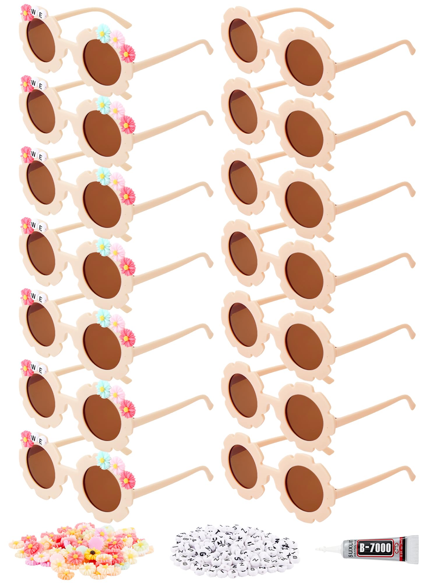 Dunzy 14 Pcs DIY Round Flower Sunglasses with 200 Random Letter Beads 50 Daisy Charms Glue for DIY Name, Mardi Gras Party