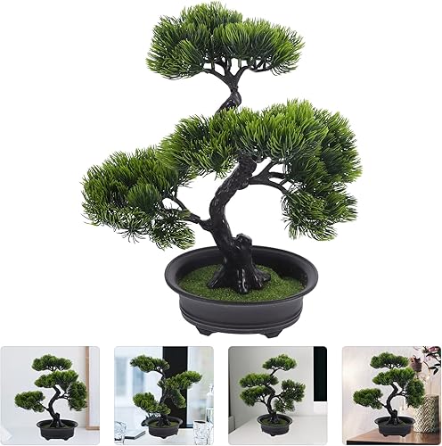 Miniatura 9 de HOMSFOU Bonsái de árbol de pino artificial, árbol de plástico realista, planta falsa en maceta, adornos de árbol falso, bonsái de cedro japonés para
