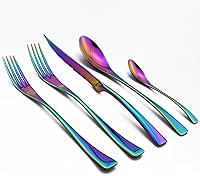 Vista 2 de Juego de cubiertos coloridos arcoíris de 5 piezas, juego de cuchillos de carne dentados de acero inoxidable 18/10, pulido de espejo, servicio para 1