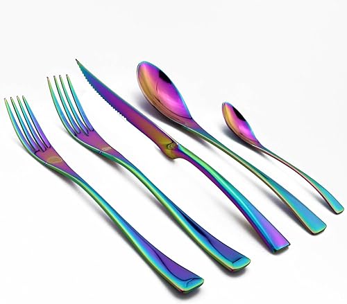Miniatura 2 de Juego de cubiertos coloridos arcoíris de 5 piezas, juego de cuchillos de carne dentados de acero inoxidable 1810, pulido de espejo, servicio para 1