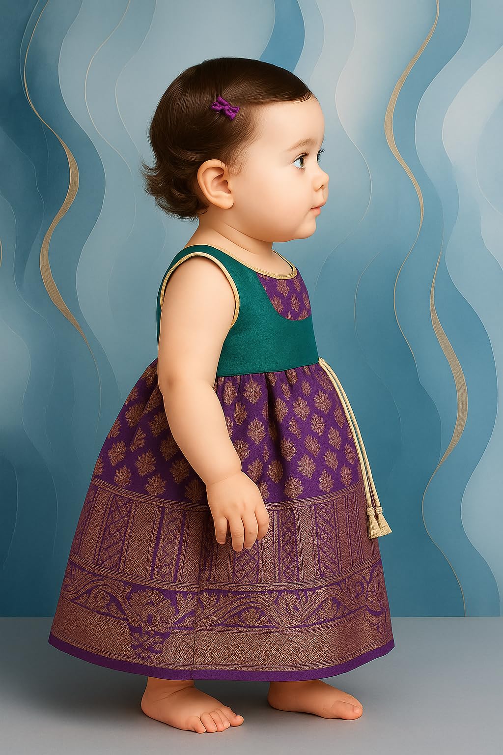 TotzTouch Baby Girls Dress South Indian Traditional Pattu | Frock Wide Zari Border Embroidered Jacquard Weave Ethnic Wear Pink, Violet, Blue, Green, Sizes 6 Months to 3 Years - Image 3 thumbnail