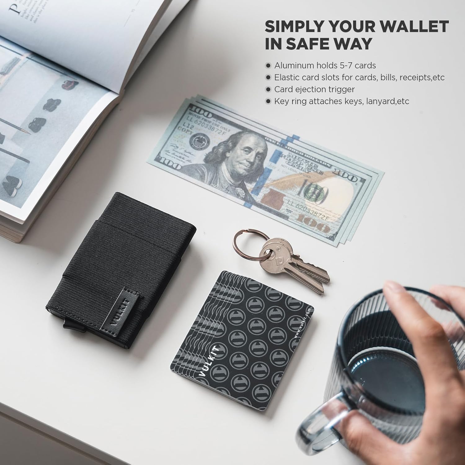 VULKIT Pop up Wallet for Women with Keychain, RFID Blocking Minimalist Slim Credit Card Holder for Gift Black - Image 3