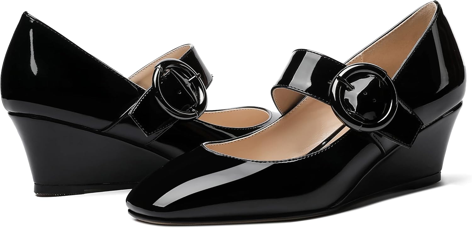 WAYDERNS Women's Patent Buckle Mary Jane Adjustable Strap Square Toe Wedge Low Heel Pumps Shoes 2 Inch