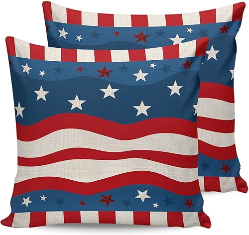 Miniatura 7 de Funda de almohada impermeable para el Día de la Independencia para exteriores, diseño de estrella en ondas rojas y azules, fundas de cojín