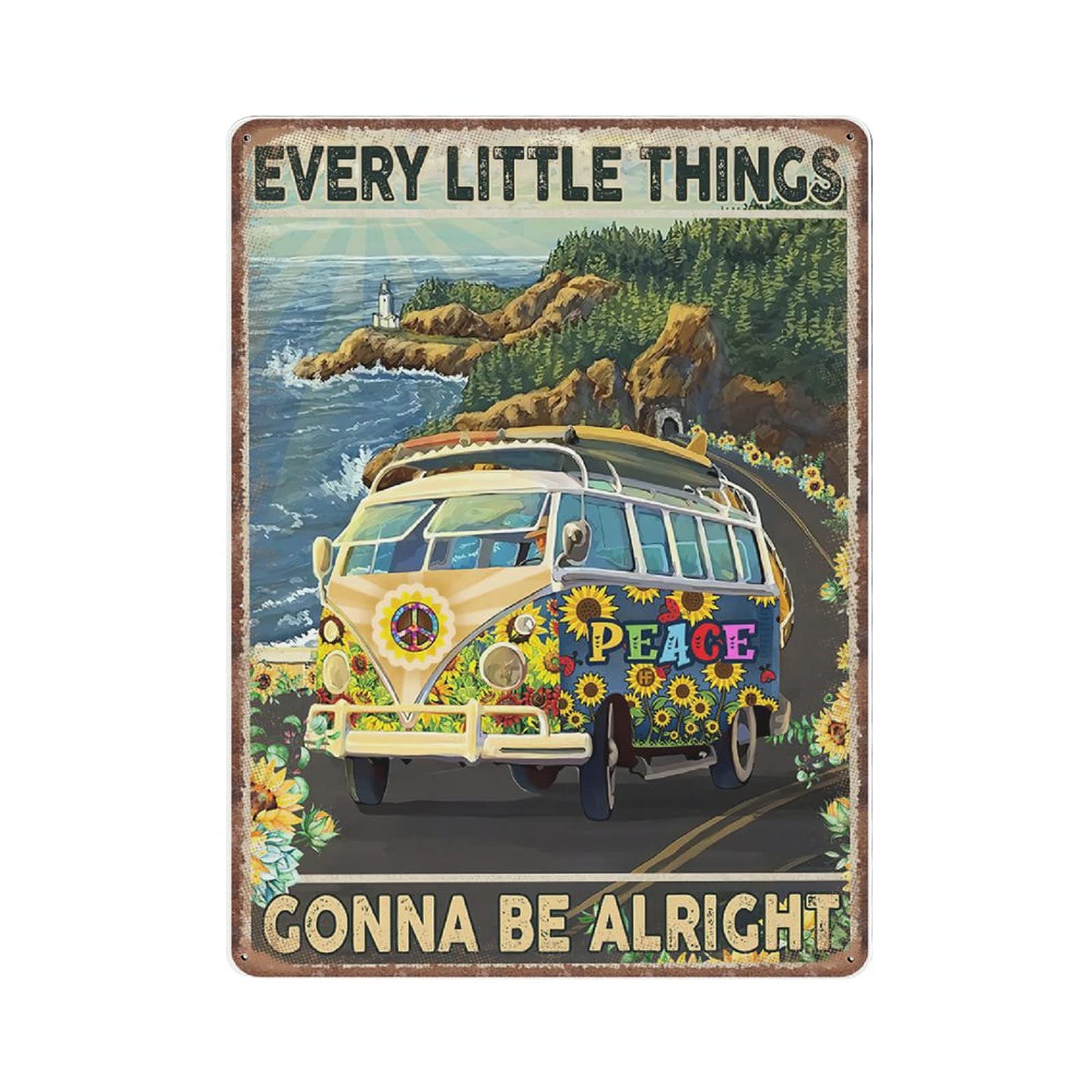 Dreacoss Little Thing Gonna Be Alright Hippie Car Tin Signs, Hippie Car Travel Retro Funny Metal Sign Vintage Wall Art for Kitchen Garden Farm Home Coffee Decor Tin Sign, 30x40 cm