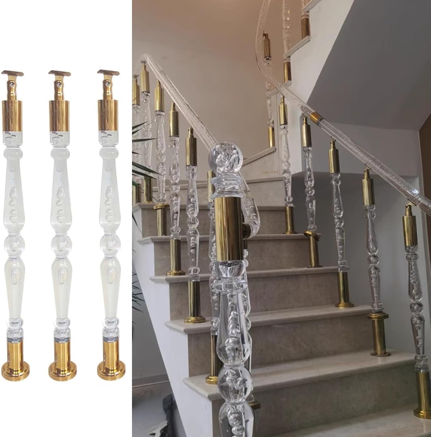 Acrylic Stair Railing Spindles, Modern Indoor Staircase Balusters, Clear Round Handrail Posts, Decorative Stair Baluster Column Kit with Gold Hardware(3 PCS,80cm(31 1/2"))