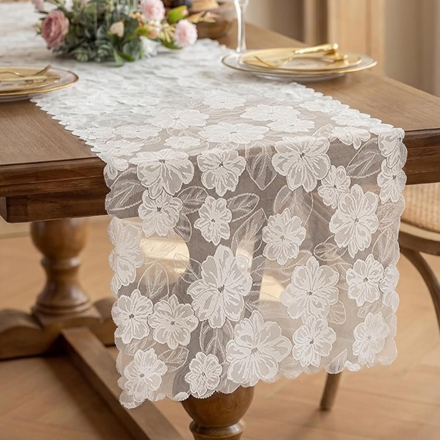 SIOLOC White Floral Lace Table Runner 17 x 72 Inch, Camellia Embroidered Sheer Table Runner with Scalloped Edge, Vintage Elegant Lace Runner for Dining Table, Wedding, Party, Holiday Decor