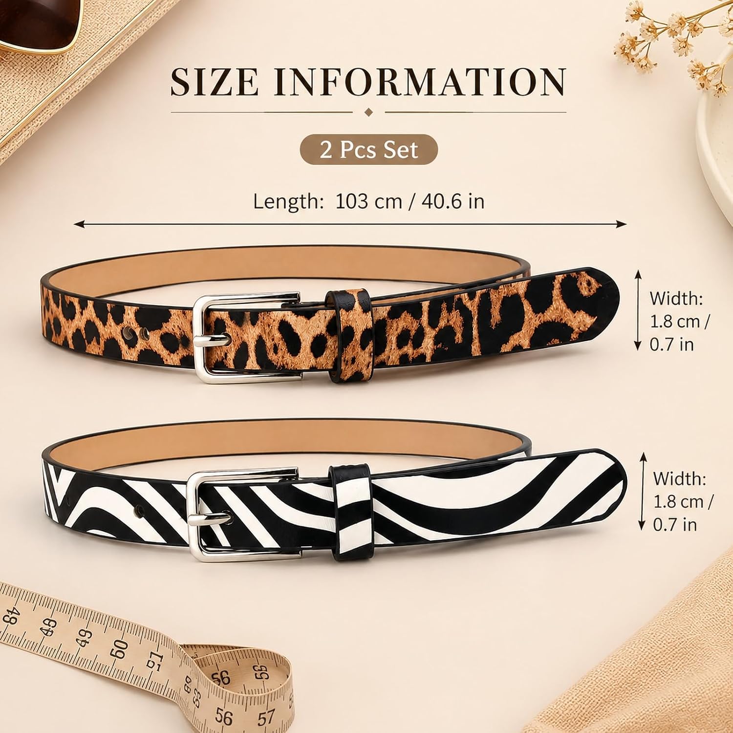 LUOZZY 2 Pcs Leopard Belts for Women Square Zebra Cheetah Print Belt with Buckle Fashion Jeans Belts for Women