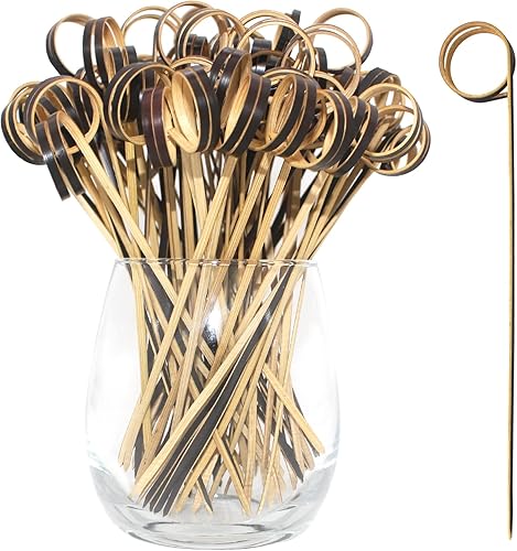 BLUE TOP Púas de cóctel de bambú, 100 brochetas de bambú negro de 4 pulgadas con anillo de bucle, palillos de alimentos, palillos de dientes de