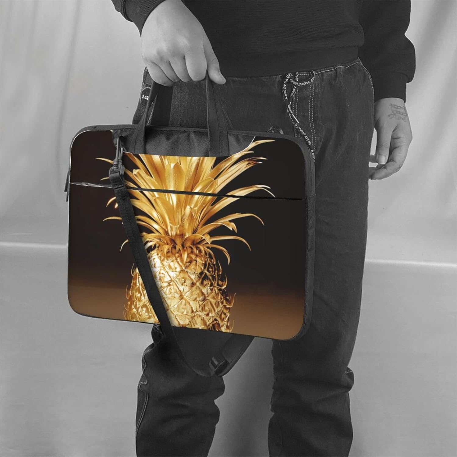 Gold Pineapple Print Laptop Tote Bag Travel Bag Business Computer Bag Work Bag for Men Women