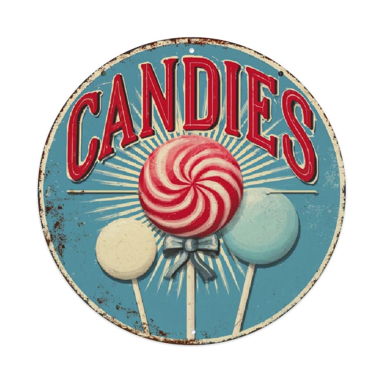 Jdyaojiesheng Vintage Candies Lollipop Swirl Blue White Round Tin Sign Retro Metal Wall Decor Metal Poster, Home Bar Garage Farmhouse Cafe Wall Art Decoration 8X8inch