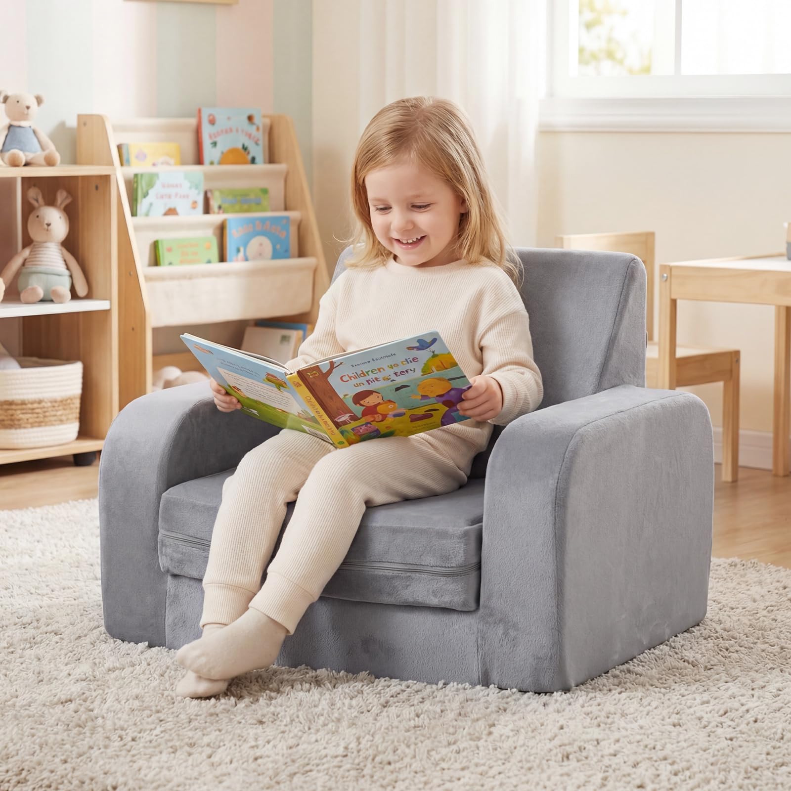 COSTWAY 3 en 1 Sofá Plegable para Niños, Sofá Cama Convertible con Terciopelo Cristal Ultra Suave y Funda Elástica, Desmontable y Lavable a Máquina, Sillón para Niños para Sala de Juegos y Guardería
