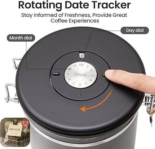 Miniatura 6 de Veken Recipiente de café, recipiente hermético de acero inoxidable para almacenamiento de alimentos de cocina con rastreador de fecha y cuchara para