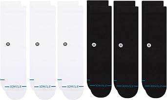 حزمة Stance Icon Crew المكونة من 6 عبوات، أبيض + أسود، مزيج قطني ودعم قوس توسيد، كبير