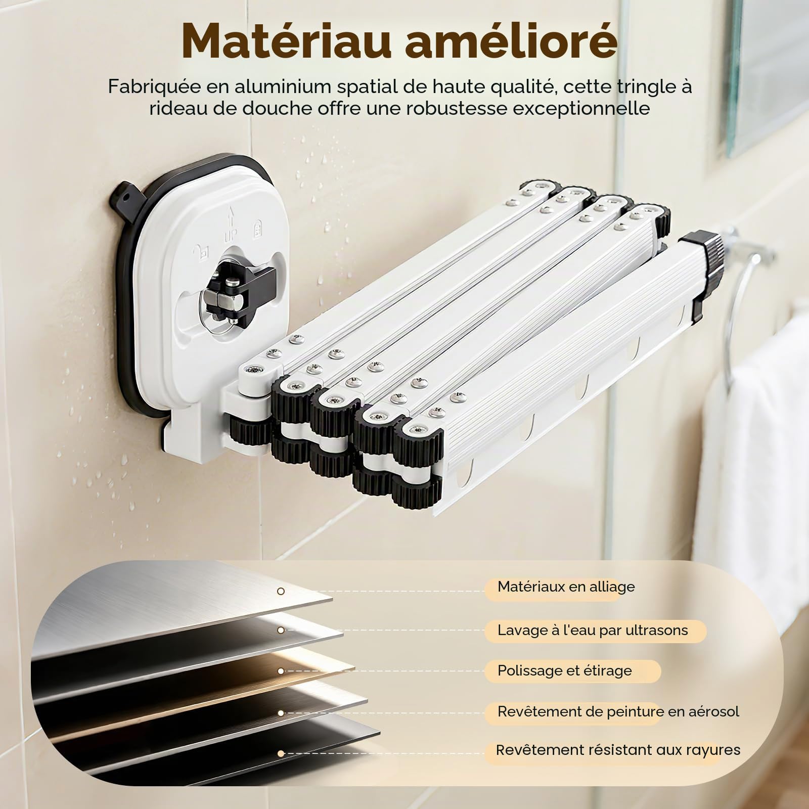 Rideau De Douche Sans Perçage,En Forme De L/U,5 Plis,190 cm | Ventouse Puissante,Tringle À Rideau De Douche Pliable Avec Ventouse,Tringle À Rideau De Douche Pour Douches D'Angle,Blanc