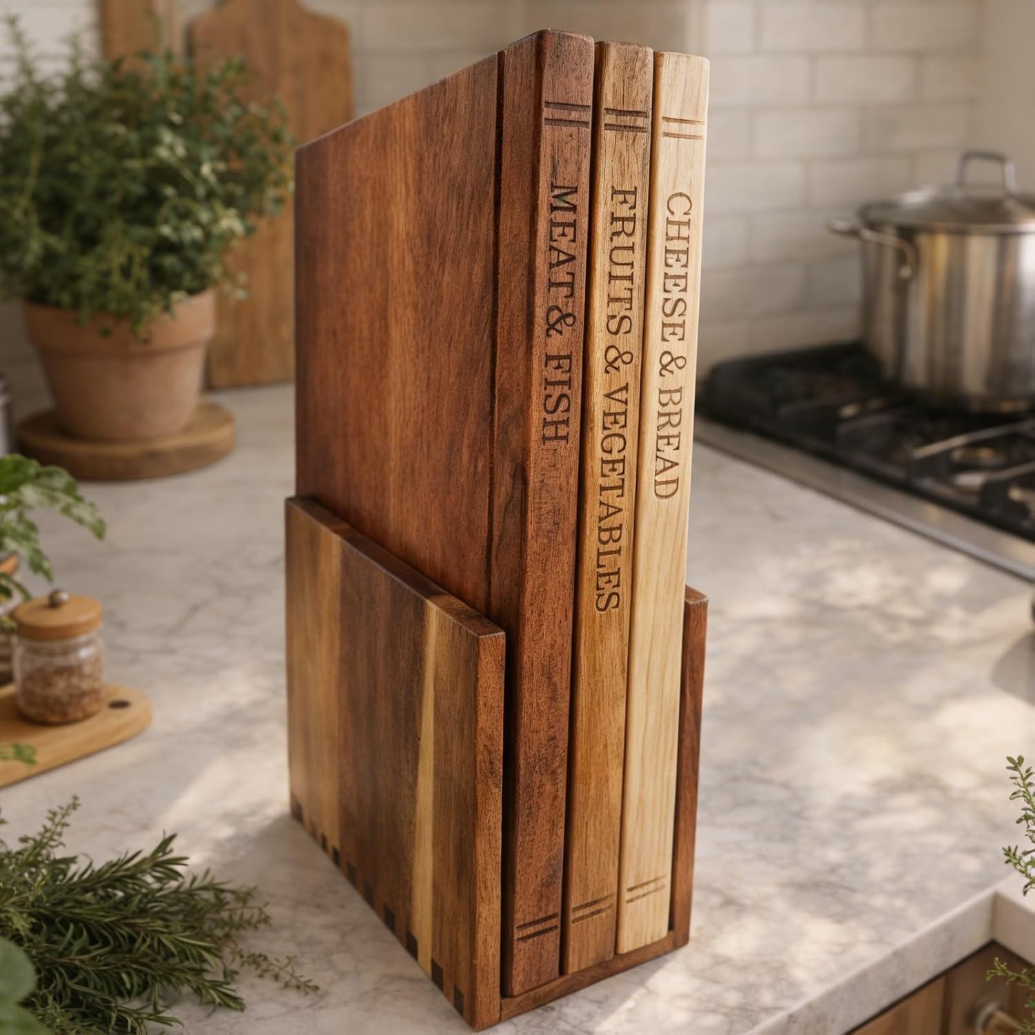 Wedding Gift Wood Cutting Board Set for Kitchen, Book Style Wooden Chopping Boards with Stand, Large Cutting Board Set of 3 for Meat, Vegetable, Cheese Serving, Housewarming Gift