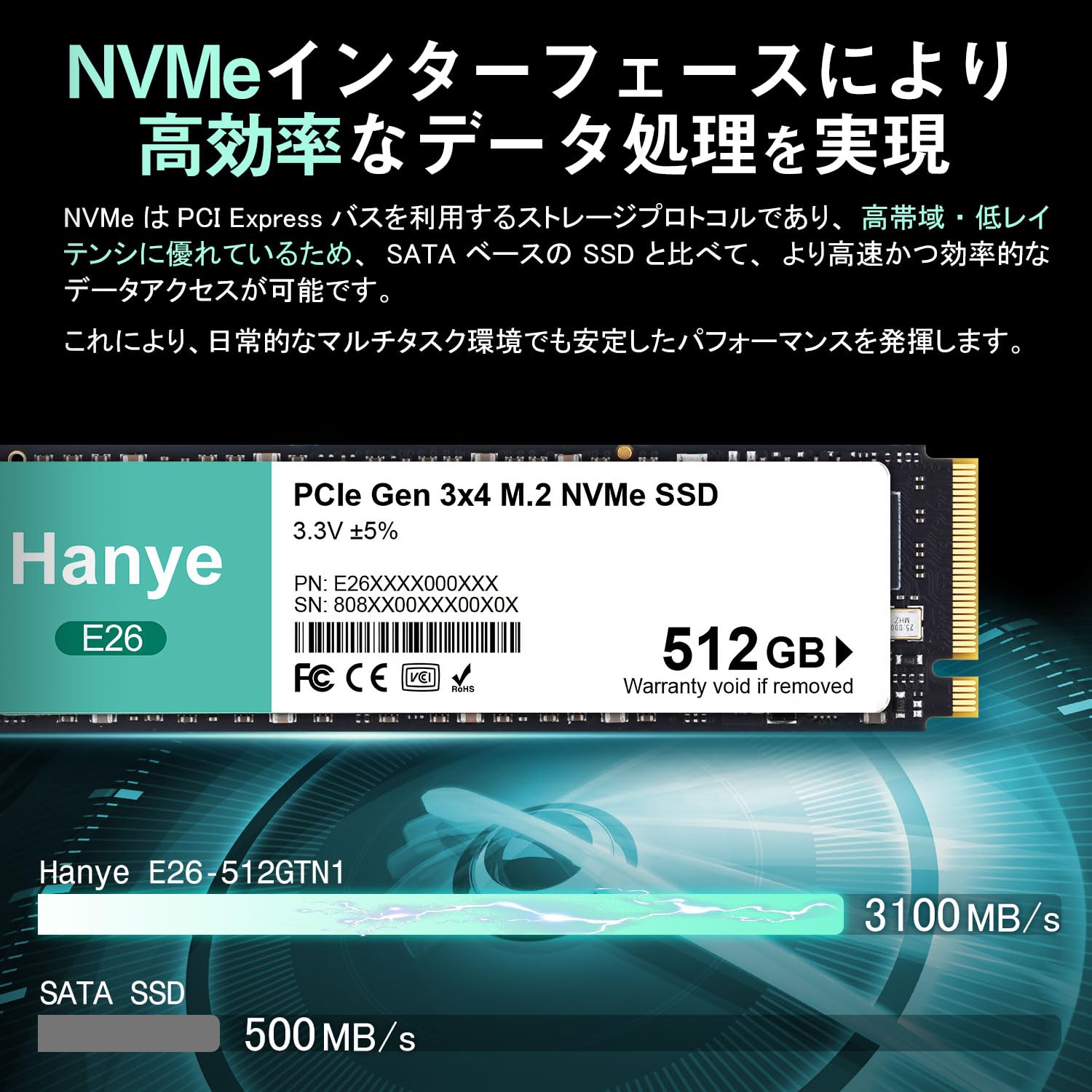 Amazon | Hanye 内蔵型 SSD 512GB PCIe Gen3x4 M.2 NVMe 2280 3100MB/s