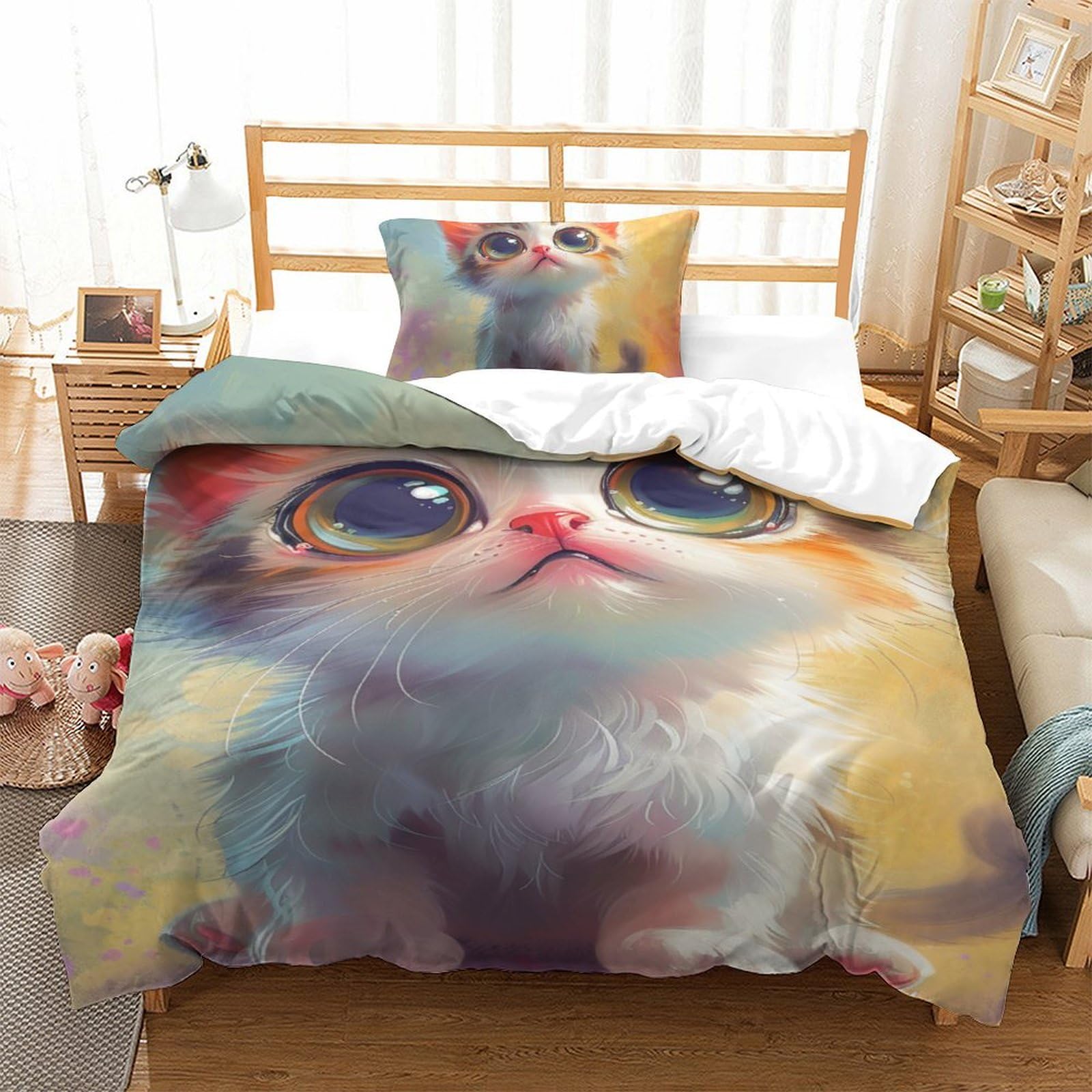 Housse de couette chat mignon 135x200 cm pour chambre d'enfant