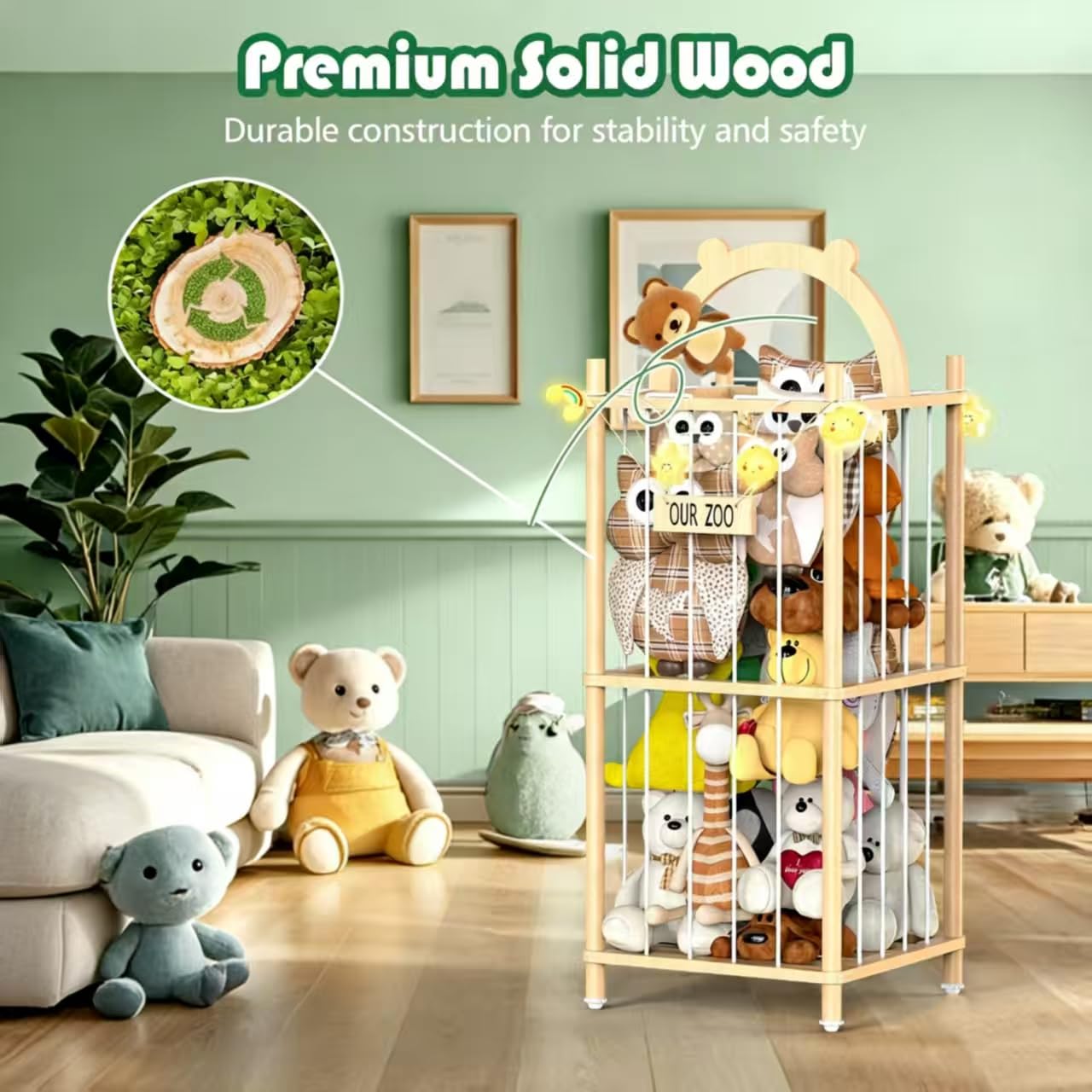 Movable Natural Wood Stuffed Animal Zoo Storage, Patterned Stuffed Animal Storage with Zoo Theme, Elastic Band-Equipped Stuffed Animal Holder, for Nursery/Play Room/Bedroom