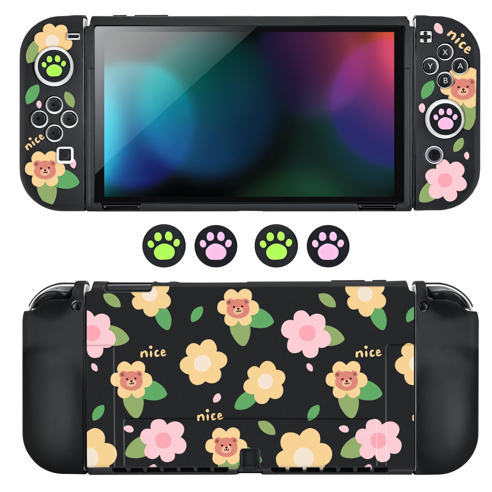 DLseego Grip Case Controller for Switch OLED Console 2021, Anti-Slip Shock-Absorption Protective Soft Bear Case with 4 PCS Comfortable Thumb Grips