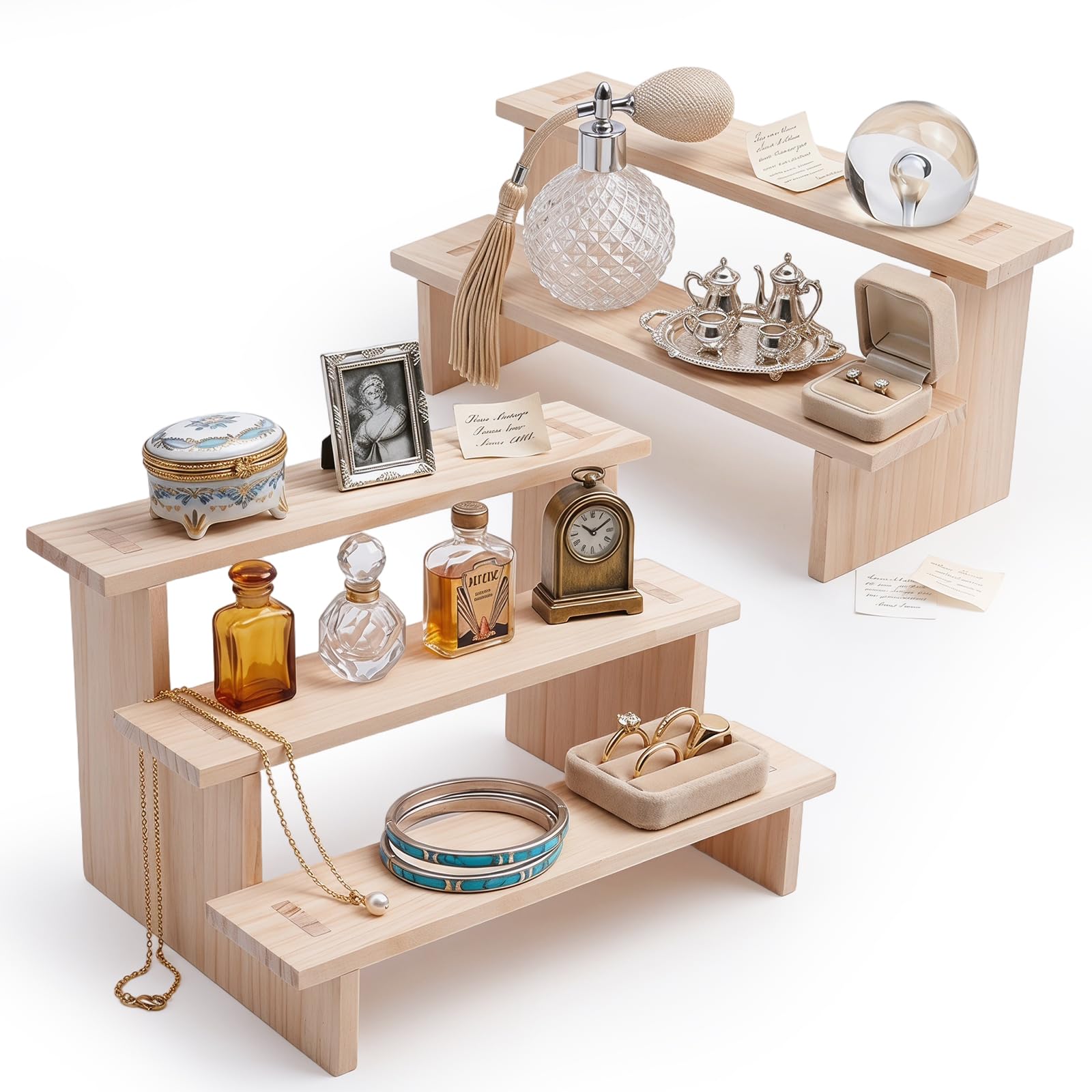 Rfytdcf Almond Color 2 Pcs Wooden Display Riser Shelf, 3-Tiered Display Stand With 2-Tier Tabletop Perfume Organiser Makeup Step Small Food Stand Risers For Fragrance Jewelry Cosmetics Figure Collection