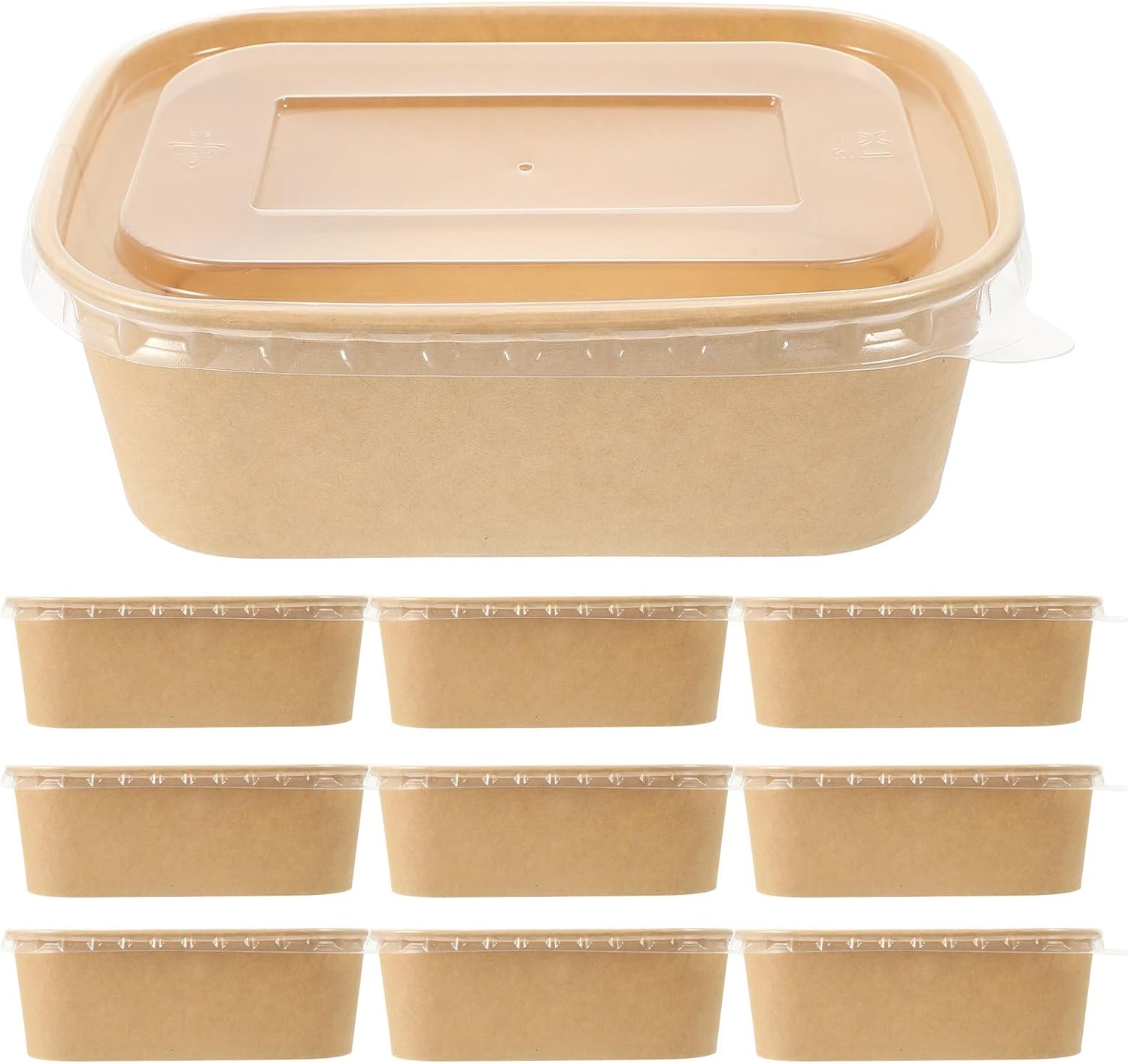 10 Sets Kraft Paper Rectangular Food Packaging Boxes 750Cc Universal PP Lids Disposable Takeout Containers for Salad Fried Chicken Snacks