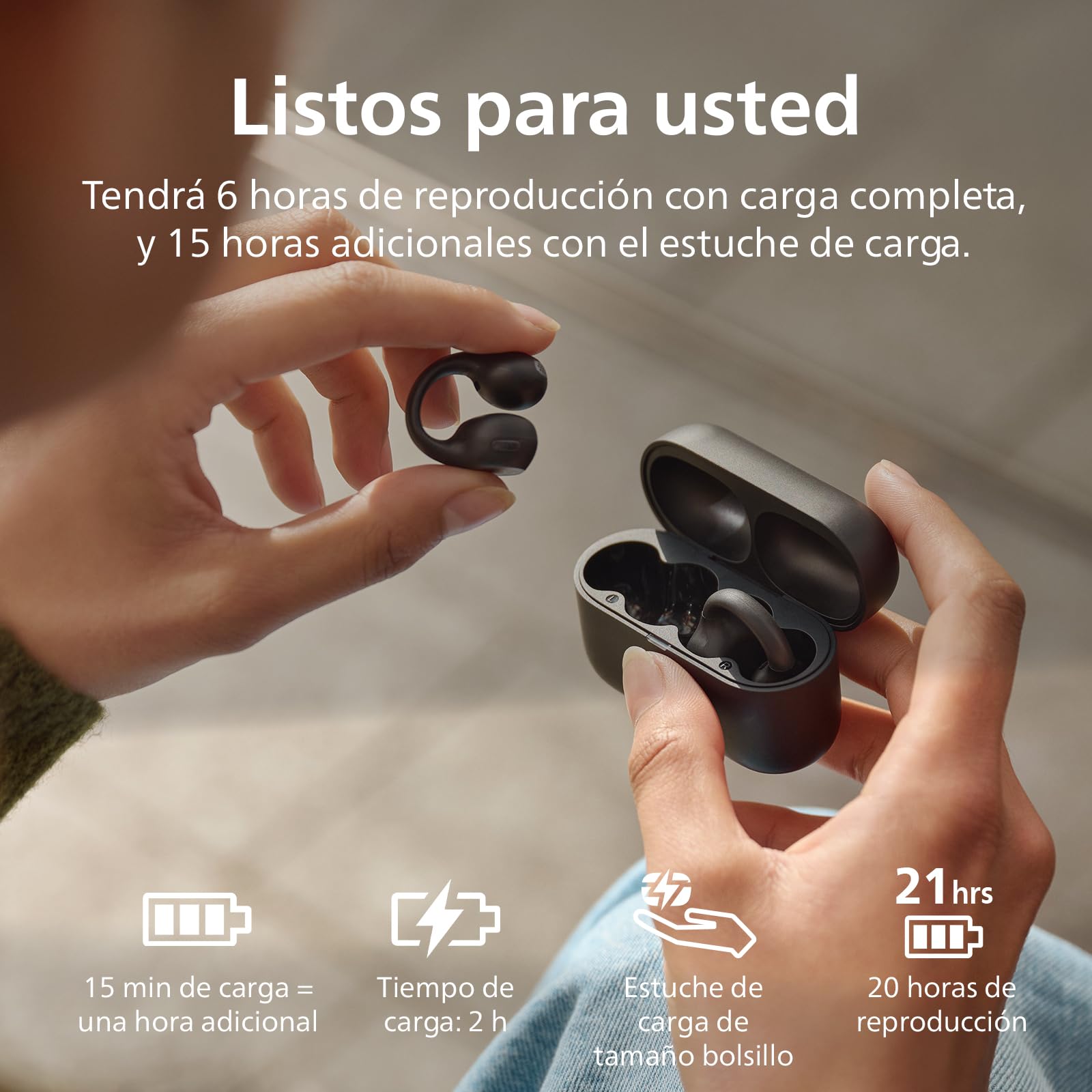 Philips TAQ2000BK Auriculares open ear tipo piercing Bluetooth multipunto True Wireless - 28 horas de reproducción, Estuche de bolsillo, Llamadas nítidas, Para desplazamientos y entrenamientos - Negro