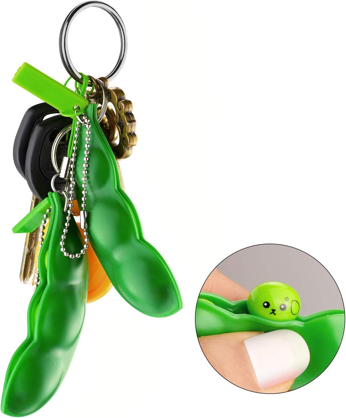 Anpole Fidget Bean Toy, Squeeze-a-Bean Edamame Keychain Keyring Extrusion Bean Pea Soybean Stress Relieving Chain Toys (3 pcs)