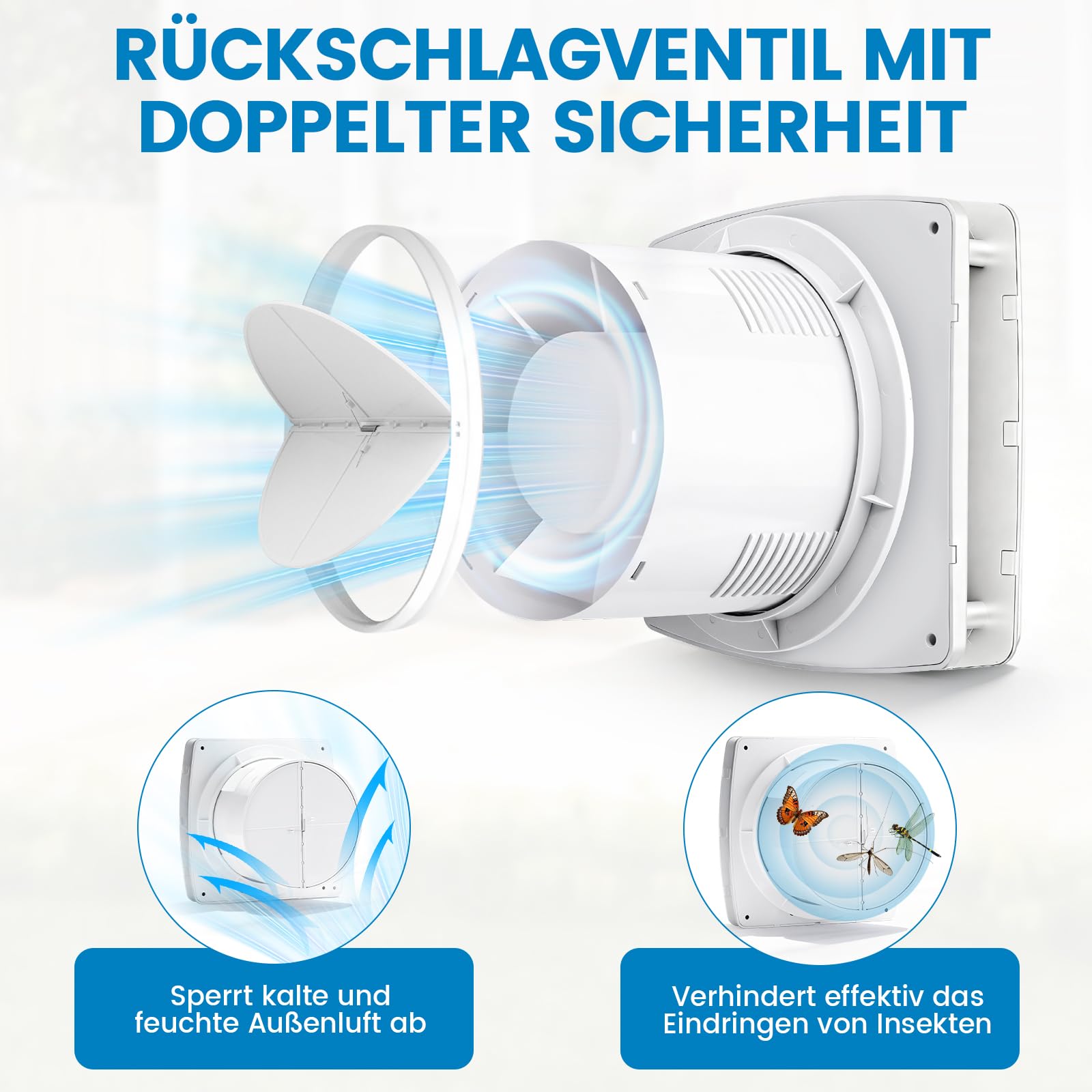 XIIW Badlüfter 100mm mit Feuchtigkeitssensor Abluftventilator einstellbarer Nachlaufzeit, mit Timing Wandventilator Silent, mit Rückstauklappe 95m³/h, 12 Watt / 34dB für Bad, WC, Küche