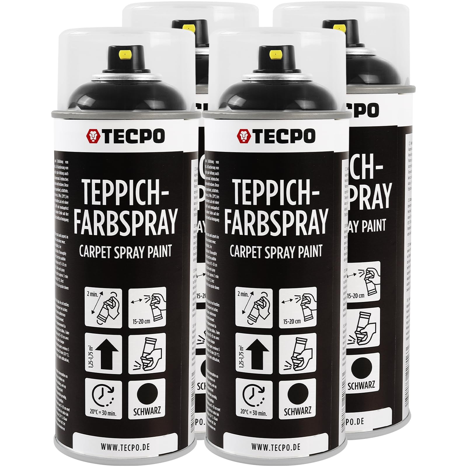 TECPO Spray de pintura para alfombras, 4 x 400 ml, pintura textil, color negro, para alfombras, alfombras, alfombrillas, tela, goma, plástico, tratamiento interior