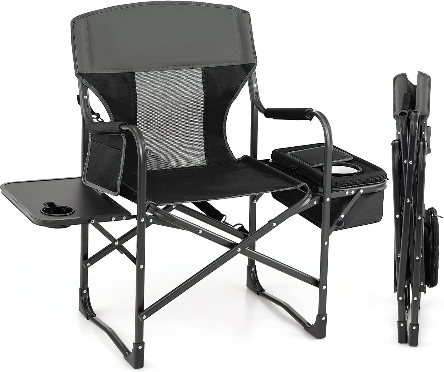 Giantex Camping Chair with Side Table, Storage Pocket, Cooler Bag, Shoulder Strap, Handle, Support 400 Lbs, Folding Directors Chair for Artist Makeup Lawn Fishing Picnic, Black