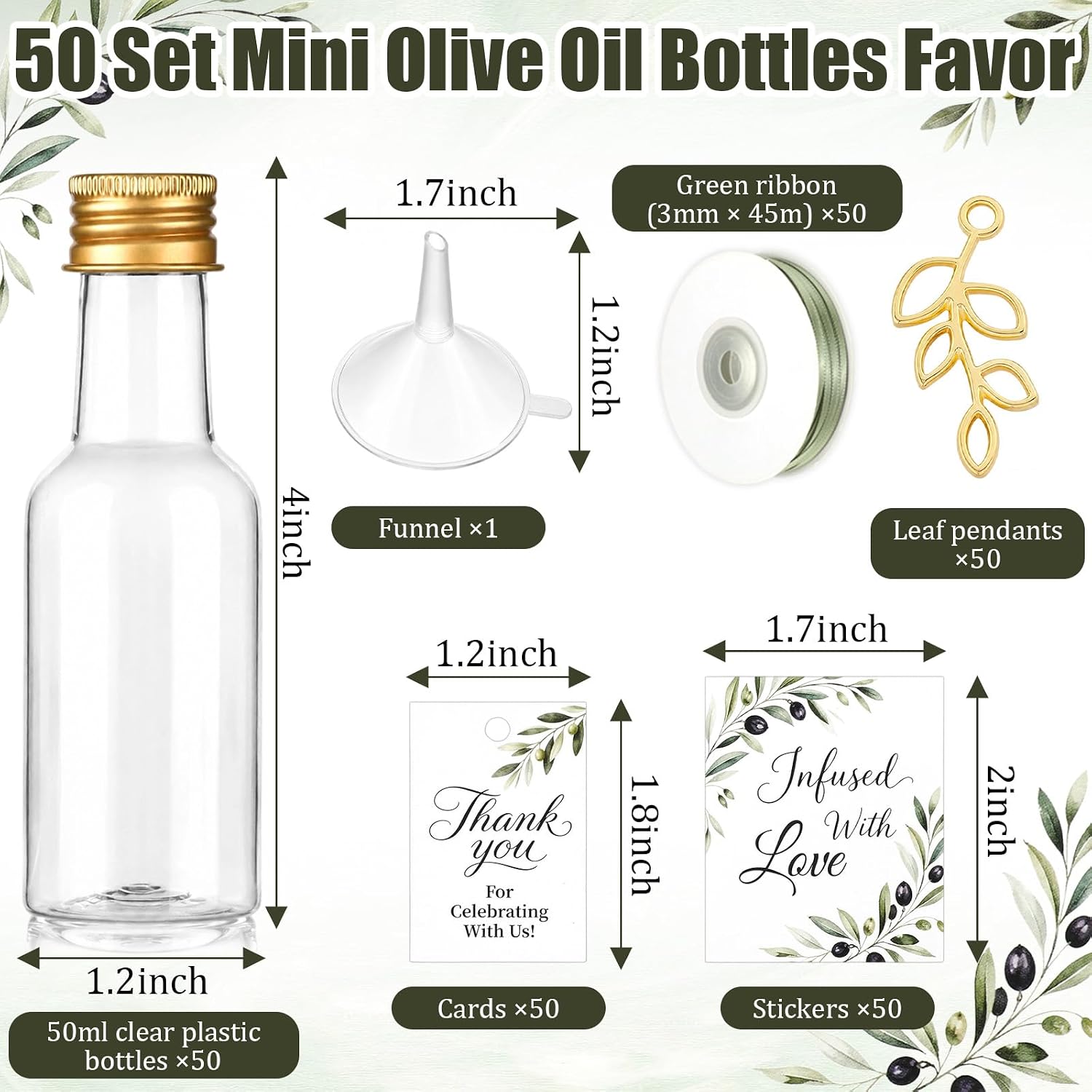 50 Set Mini Olive Oil Bottles for Greek Wedding Baby Shower Favors
