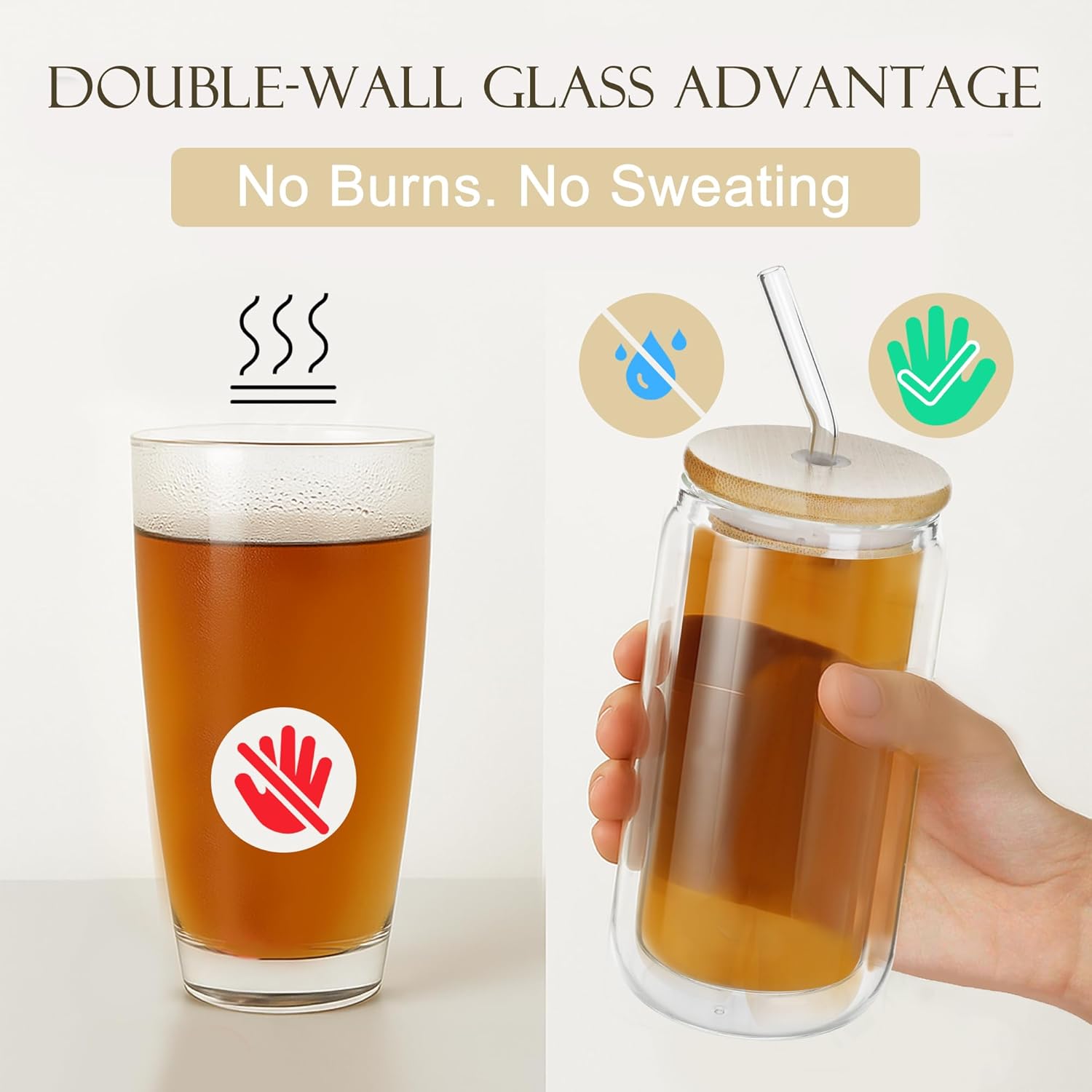 LIBWYS 12oz Double Wall Drinking Glass Cups with Bamboo Lids and Straws, 2 Pc Set – Condensation Resistant Insulated Glass Can Tumblers for Cold Drinks, Iced Coffee, Tea, Juice, Cleaning Brush - Image 2