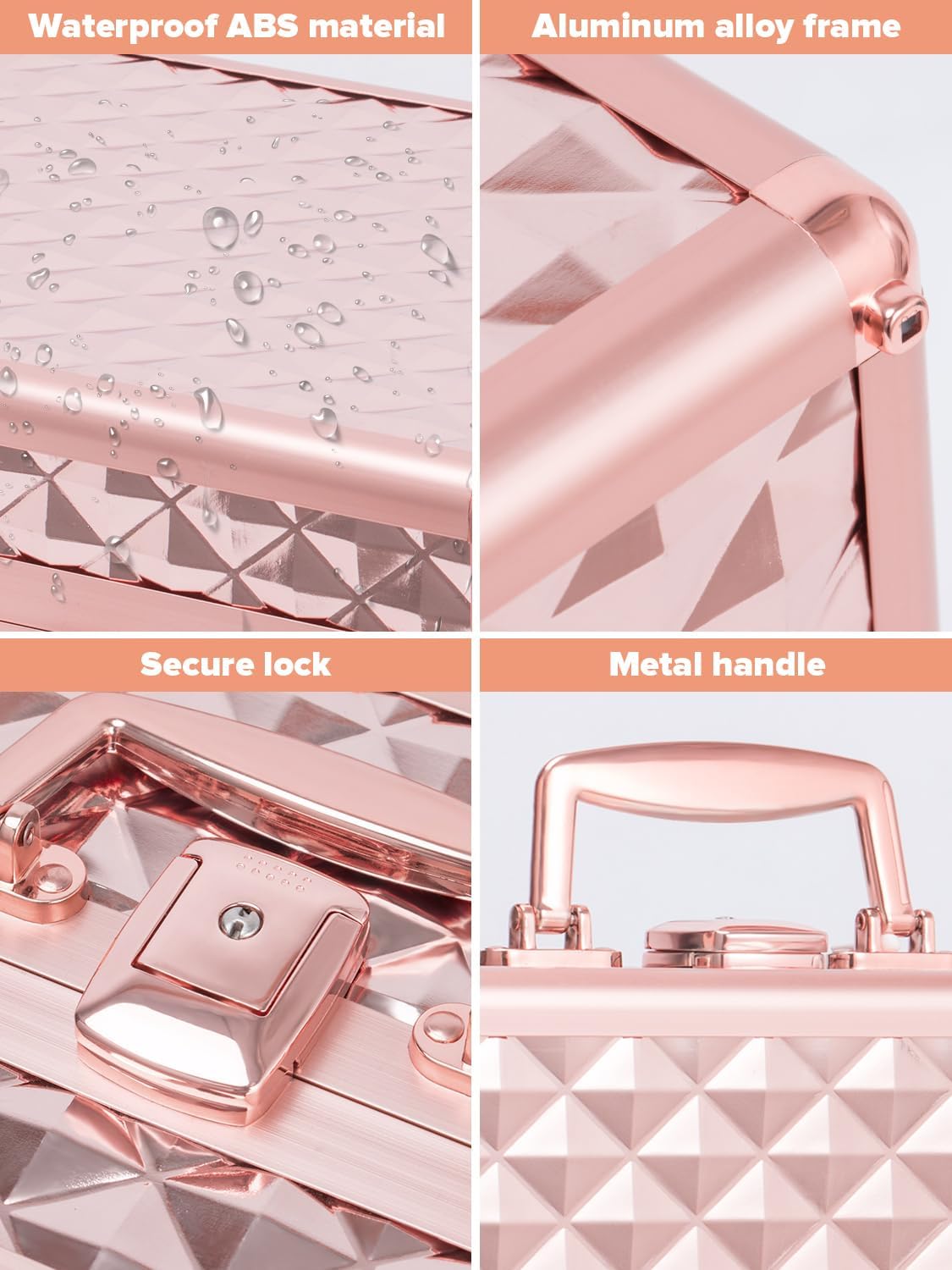 Portable Makeup Case,Cosmetic Box,Beauty Makeup Train Case,with LED Mirror,Travel Makeup Bag Cosmetic Organizer Box with Locks, Brush Holder, Dividers, Rechargeable,Aluminium Alloy, (Rose Gold)