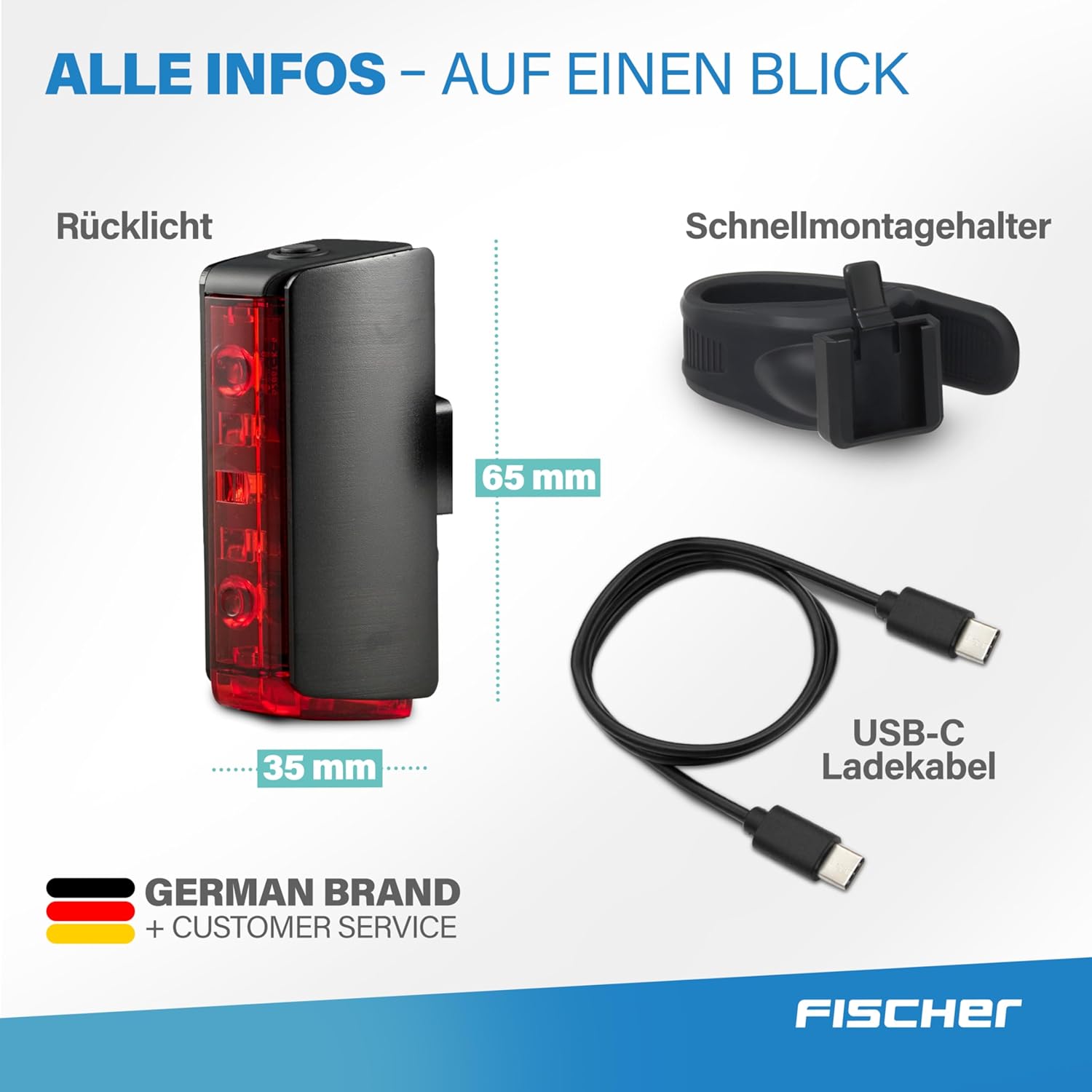 Fischer Bicycle LED Battery Tail Light Twin Stop with Additional Floor Lighting and Brake Light, Aluminium Housing, Up to 8 Hours Lighting Time, Black, Pack of 1