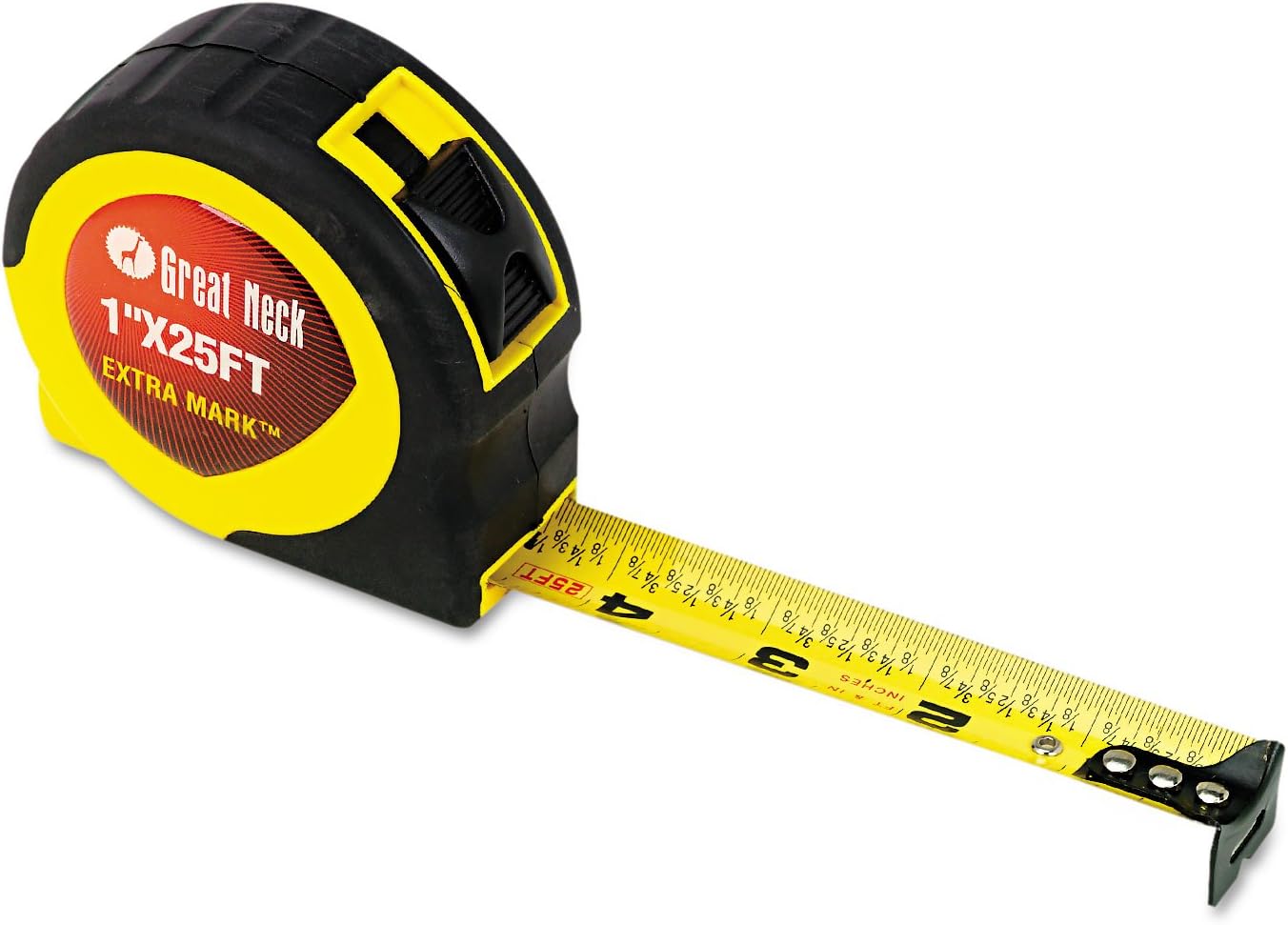 GreatNeck 95005 ExtraMark 25 Ft. x 1 Inch Rubber Grip Power Tape Measure, Color May Vary
