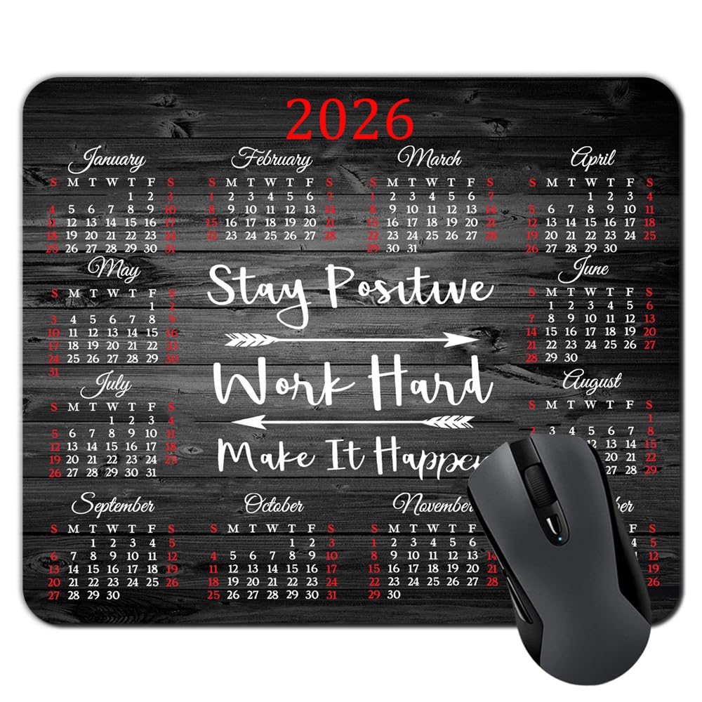 2026 Calendar HD Font Work Hard and Make It Happen Inspirational Quotes Mouse Pad Custom, Motivational Quote Rustic Black Old Wood Art White Mouse Pads……