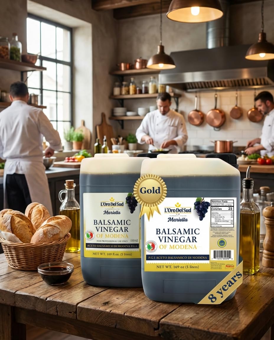 L'Oro Del Sud - Ultra Premium,"Gold Label" 8 year Aged Balsamic Vinegar of Modena, IGP Certified, Mariella, Make your own Glaze, Product of Italy, Bulk Packaging Refill, New Pack, 5 Liters (169 oz)