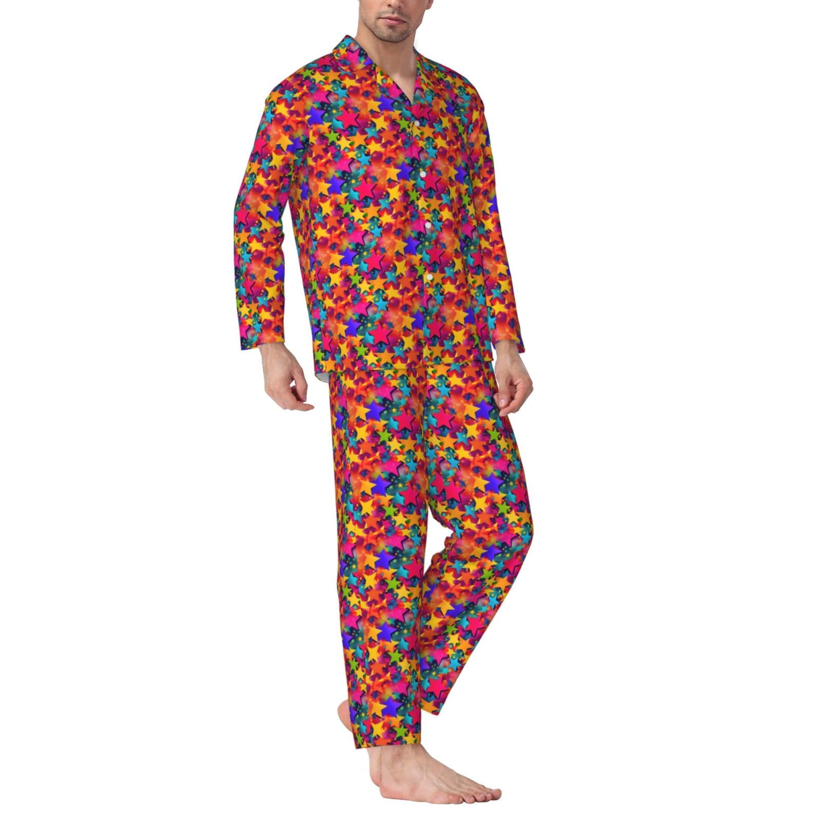 Herren-Pyjama-Set, langärmelig, Regenbogen-Stern-Aufdruck, zweiteilig, Hauskleidung, bequeme Nachtwäsche