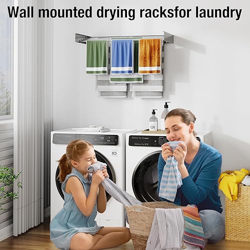 Miniatura 2 de kenvc Estante de secado de ropa plegable, montado en la pared, estante de secado de ropa, 31.5 pulgadas de ancho, 13.1 pies lineales, 5 varillas de