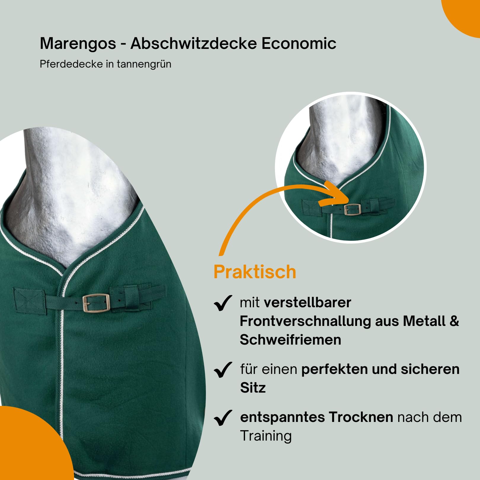 Marengos - Abschwitzdecke Economic | Pferdedecke mit Schweifkordel, Widerristpolster & Metallverschluss | atmungsaktive Fleecedecke | Pferde-Outdoordecke | Pferde Zubehör in Tannengrün | 155cm