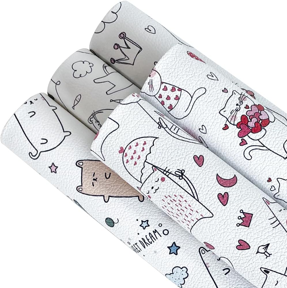 5 Pcs Cute Animals Faux Leather Sheets for Crafts 8.2x11.8 Inch Cartoon Cat Synthetic Leather Sheets for Hair Bow Making Decoration Supplies DIY Handicrafts