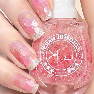 Heart Glitter Nail Polish No UV Light Needed-Clear Chunky Glitter Nail Polish for Women & Girls-Colorful Glitter Top Coat Nail Polish-Pink Heart Nail Polish-Vegan Confetti Nail Polish