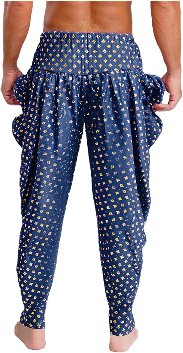 Hularka Men Metallic Floral Printed Satin Dhoti Pants Loose Fit Yoga Hippie Trousers Belly Dance Pants