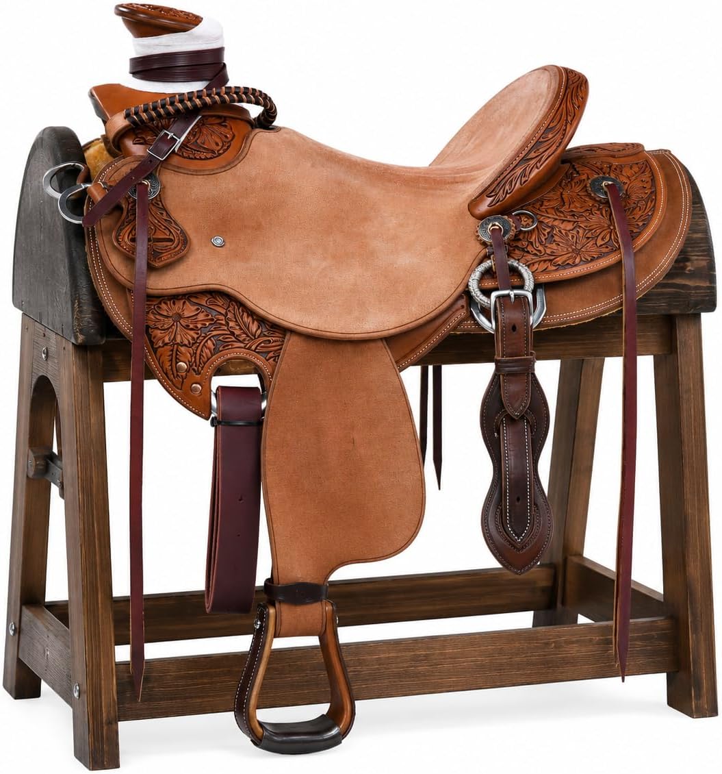 Wade Horse Saddle Tree A Fork Roping Ranch Work Handmade Tooled Carved Premium Leather Western Equestrian Trail Tack Adult & Pony Horse Riding Saddle, Size: 10-18 inch Seat, AD-51