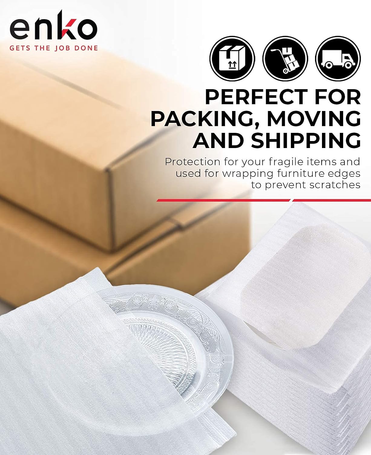 enKo 12 x 12 inch (50-Pack) Foam Wrap Pouches Cup Plates for Moving Shipping Packing - 20 Fragile Stickers Label