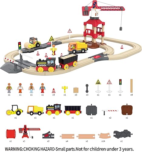 Miniatura 5 de Crossing & Crane Train Set de 58 piezas de construcción de pista de tren de madera para regalo, kits de ferrocarril de juguete para niños pequeños y