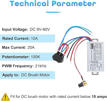 PWM DC Motor Speed Controller, DC 9V-60V & 10A Rated & 20A Max Brush Motor Stepless Speed Controller with Forward-Brake-Reverse Switch & Ajustable Potentiometer